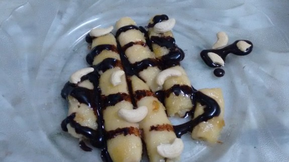 Fried Banana Split with Chocolate Syrup