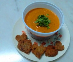 Tomato soup with heart shaped croutns