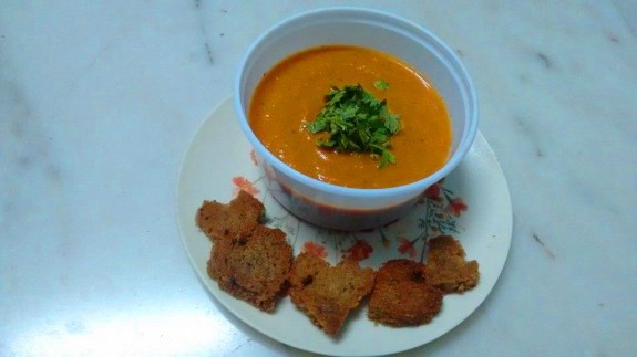 Tomato soup with heart shaped croutns